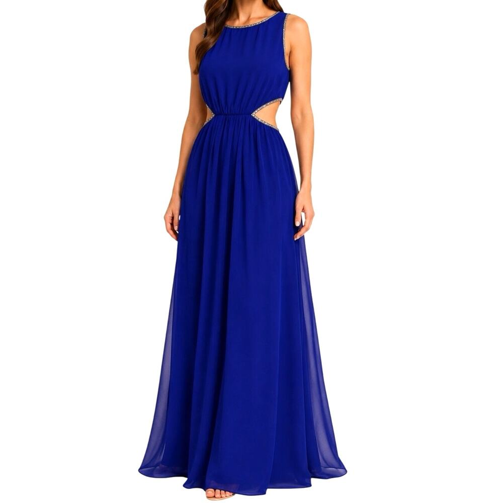 2010s Forever 21 Bedazzled Trim Cobalt Cutout Waist Sleeveless Formal Y2K Maxi S